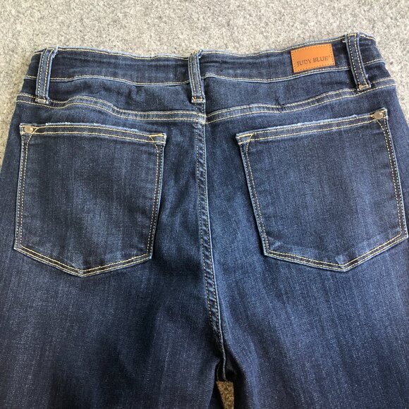 Judy Blue Flare Jeans Womens 11 30 Dark Wash Stretch Wide Leg Raw Hem - Picture 11 of 13